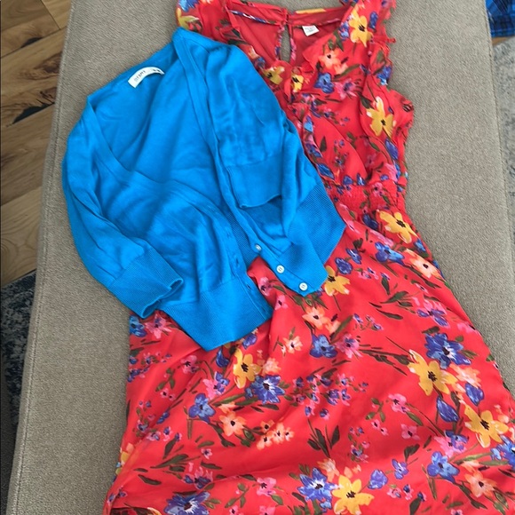 Old Navy Coral Ruffle Floral Dress with Blue Cardigan - Picture 1 of 1